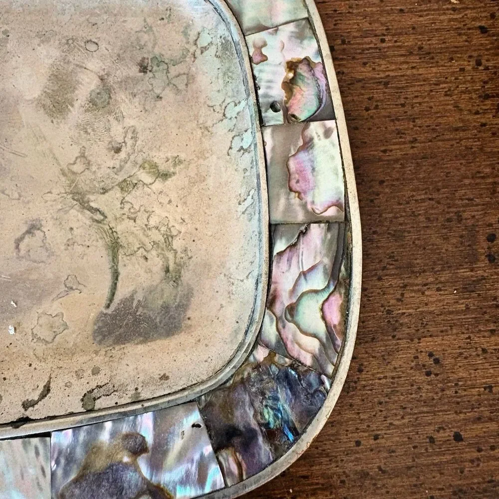 Vtg Cordial Set Mexican Alpaca Silver With Abalone MOP 6 Small Goblets With Tray